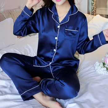 Las mujeres Conjuntos de Pijama de Seda de Satén Pijama Cuello con los Pijamas de Manga Larga Primavera Dormir Femme 2 Piezas, Conjuntos de ropa de hogar