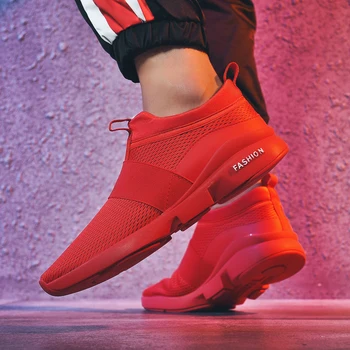 Venta caliente de los Hombres de las Mujeres Nuevas Clásico Zapatillas Correr Masculino de Malla Transpirable Plana Zapatos Casuales de las Señoras Par antideslizante Rojo Zapatos de Deporte