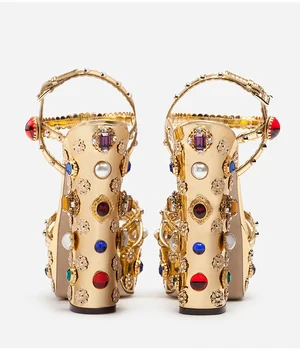 De Oro Curvo Bloque De Cuero Tacón Adornado De Diamantes De Imitación De Tacón Alto Sandalias De Verano Del Diseñador Zapatos De Las Mujeres