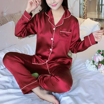 Las mujeres Conjuntos de Pijama de Seda de Satén Pijama Cuello con los Pijamas de Manga Larga Primavera Dormir Femme 2 Piezas, Conjuntos de ropa de hogar