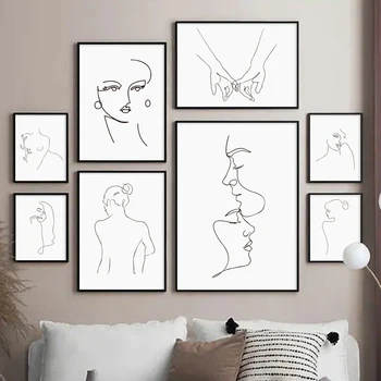 Minimalista Línea De Cara Mujer Hombre Beso Escandinavia Arte De La Pintura Nórdica Carteles Y Grabados De La Pared De La Imagen Para Vivir Decoración De La Habitación