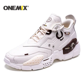 ONEMIX Nuevos Hombres Zapatos de Cuero Empeine Zapatillas de deporte de los Hombres de Encaje de la Mujer en Paltform Zapatos para Caminar Zapatillas de deporte Grueso Papá Zapatos