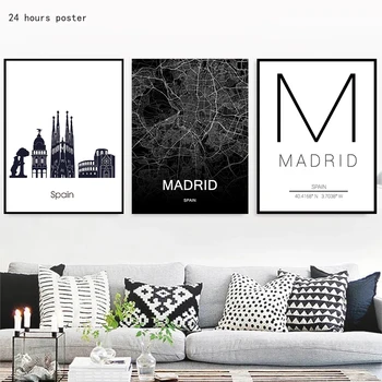 Negro y Blanco de España de Madrid, Mapa de la Ciudad de Arte de Viajes Impresiones de Impresión de la Lona de Pintura de la Pared de la Habitación, la Decoración Mural de la Vendimia Decoración de la Habitación