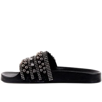 Moxee-Cuentas Negro Bordado de las Mujeres Zapatillas de las Mujeres Plana, Zapatillas de Verano de 2020 las Mujeres Dama Retro Casual Bajo de la Playa de Abrir Peep Toe Sandalias de 3 colores de Zapatos de Diapositivas