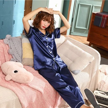 De Manga corta Pijama de Seda de Primavera de la Mujer de Verano de Pijama Conjuntos de Pijama de Seda ropa de dormir Pijamas Plus Talla M-XL Dormir Conjunto