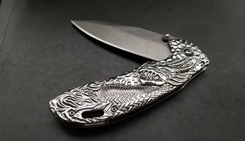 Perfecto Damasco Cuchillo Plegable Marcada Nostalgia del dragón de grano de Alta gama regalo cuchillo de camping al aire libre de la herramienta cuchillo