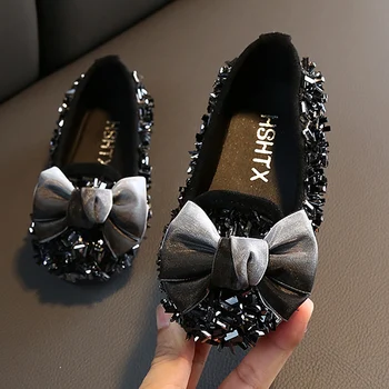 ULKNN 2021 Primavera nuevos zapatos de niñas de corea arco de diamantes de imitación de la princesa de los zapatos niñas de moda salvaje suela blanda zapatos